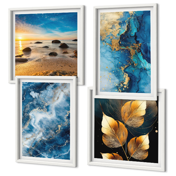 Set of 4 wall art pieces Blue gold patterns images