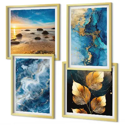 Blue and gold patterned wall art set of 4 pieces