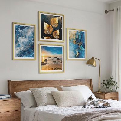 Set of 4 wall art pieces Blue gold patterns images