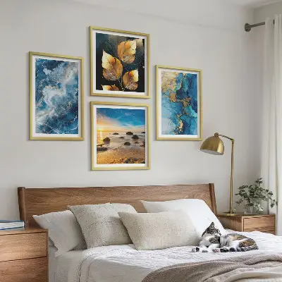 Blue and gold patterned wall art set of 4 pieces