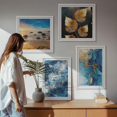 Set of 4 wall art pieces Blue gold patterns images