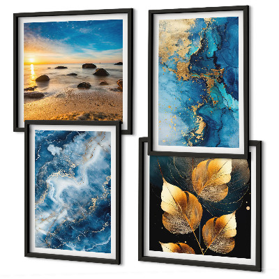 Set of 4 wall art pieces Blue gold patterns images