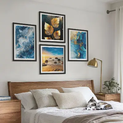 Blue and gold patterned wall art set of 4 pieces