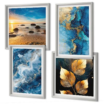 Set of 4 wall art pieces Blue gold patterns images