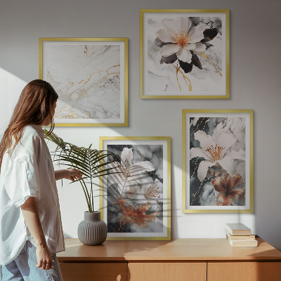 Multi-piece wall decor set Flowers marble white black
