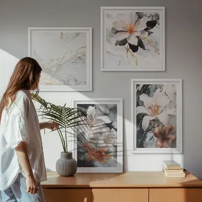 Multi-piece wall decor set in flowers marble white and black