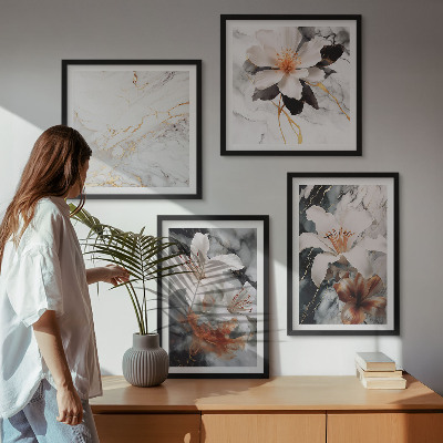 Multi-piece wall decor set Flowers marble white black