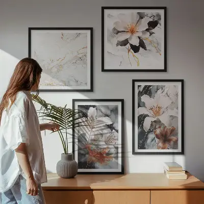 Multi-piece wall decor set in flowers marble white and black