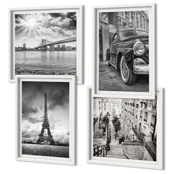 Set of 4 wall art pieces City views, bridges, Eiffel Tower, car
