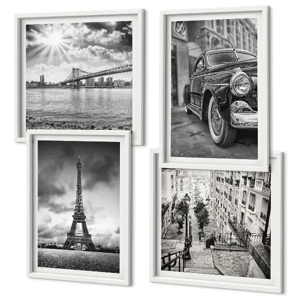 Set of 4 wall art pieces city views with bridges, the Eiffel Tower, and a car