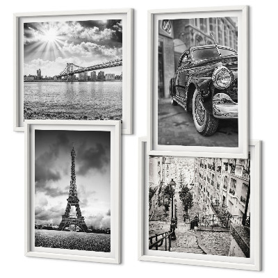Set of 4 wall art pieces City views, bridges, Eiffel Tower, car