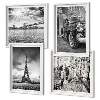 Set of 4 wall art pieces city views with bridges, the Eiffel Tower, and a car