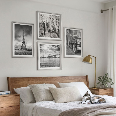 Set of 4 wall art pieces City views, bridges, Eiffel Tower, car