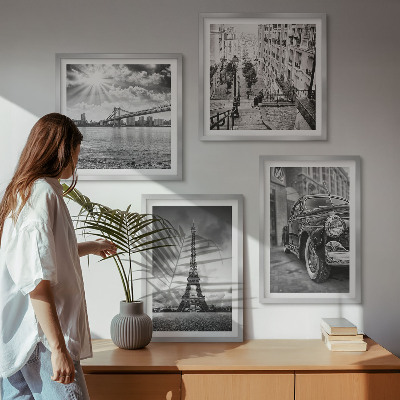 Set of 4 wall art pieces City views, bridges, Eiffel Tower, car