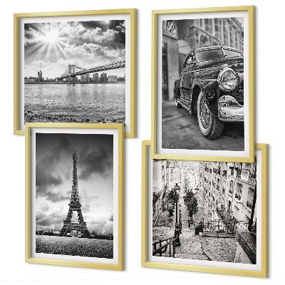 Set of 4 wall art pieces City views, bridges, Eiffel Tower, car