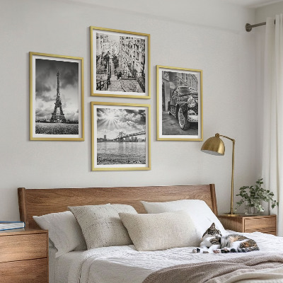 Set of 4 wall art pieces City views, bridges, Eiffel Tower, car