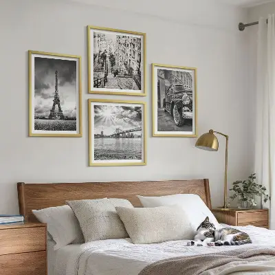 Set of 4 wall art pieces city views with bridges, the Eiffel Tower, and a car