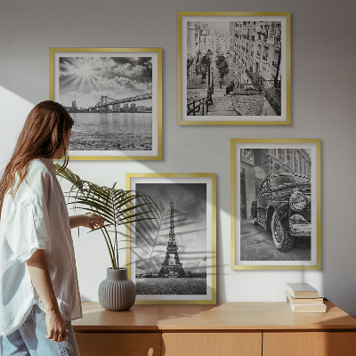 Set of 4 wall art pieces City views, bridges, Eiffel Tower, car
