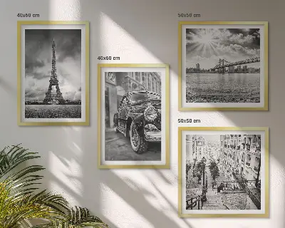 Set of 4 wall art pieces city views with bridges, the Eiffel Tower, and a car