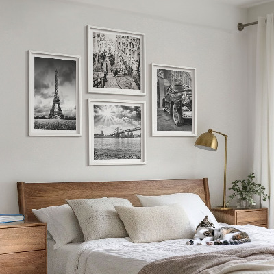 Set of 4 wall art pieces City views, bridges, Eiffel Tower, car