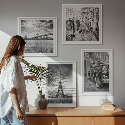 Set of 4 wall art pieces City views, bridges, Eiffel Tower, car