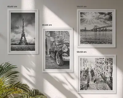 Set of 4 wall art pieces city views with bridges, the Eiffel Tower, and a car