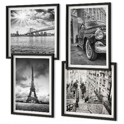 Set of 4 wall art pieces City views, bridges, Eiffel Tower, car