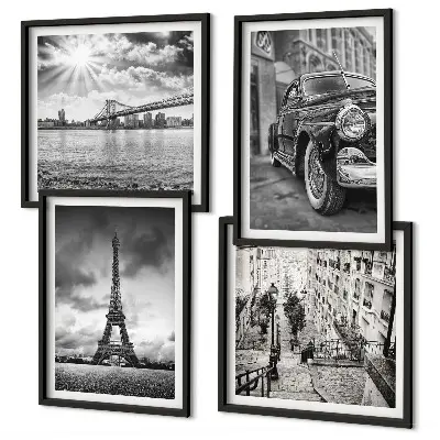 Set of 4 wall art pieces city views with bridges, the Eiffel Tower, and a car