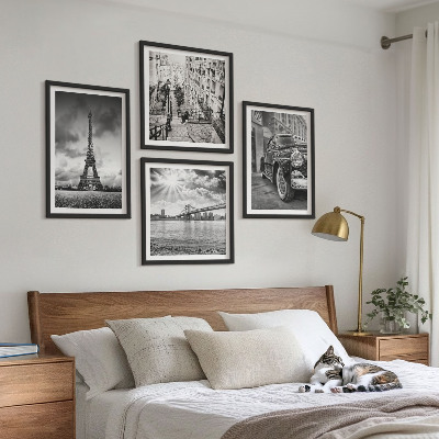 Set of 4 wall art pieces City views, bridges, Eiffel Tower, car