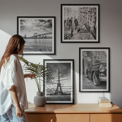 Set of 4 wall art pieces City views, bridges, Eiffel Tower, car