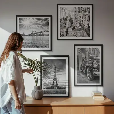 Set of 4 wall art pieces city views with bridges, the Eiffel Tower, and a car