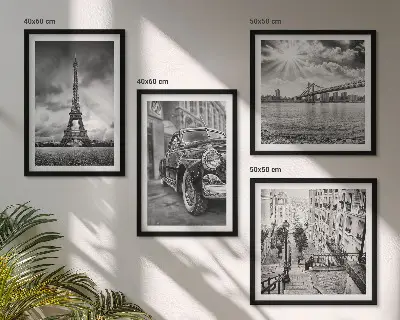 Set of 4 wall art pieces city views with bridges, the Eiffel Tower, and a car