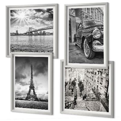 Set of 4 wall art pieces City views, bridges, Eiffel Tower, car