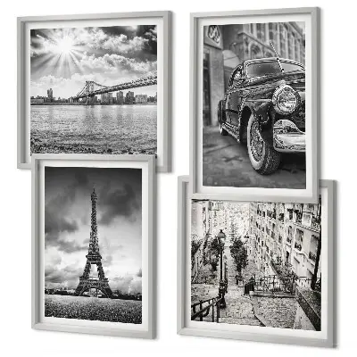 Set of 4 wall art pieces city views with bridges, the Eiffel Tower, and a car