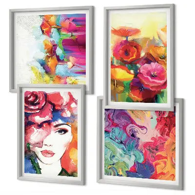 Wall art set flowers in intense colors portrait