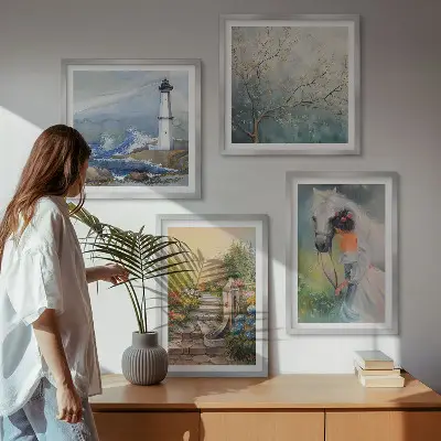 Lighthouse scenery wall art set featuring a girl and a horse