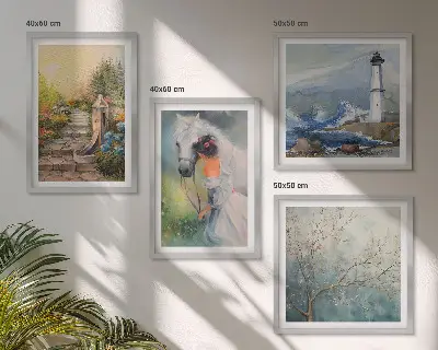 Lighthouse scenery wall art set featuring a girl and a horse