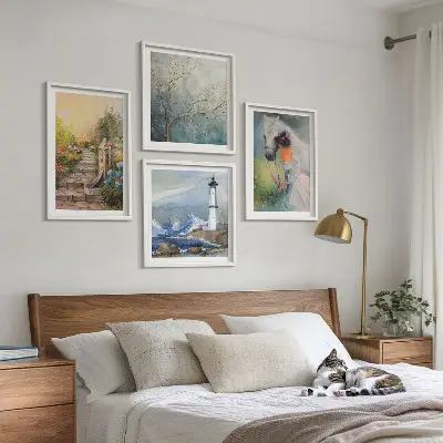 Lighthouse scenery wall art set featuring a girl and a horse