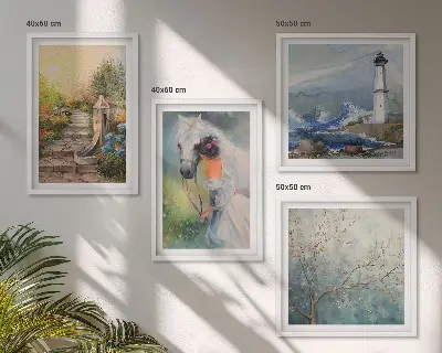Lighthouse scenery wall art set featuring a girl and a horse