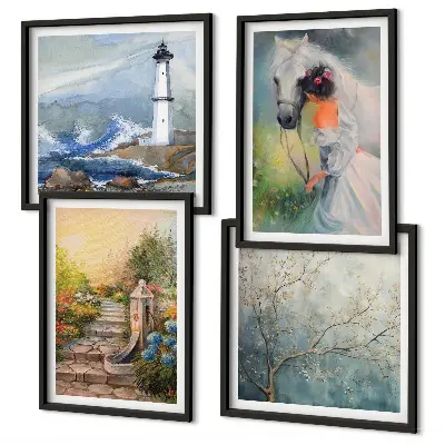 Lighthouse scenery wall art set featuring a girl and a horse