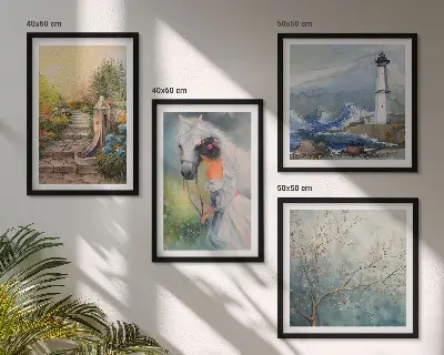 Lighthouse scenery wall art set featuring a girl and a horse