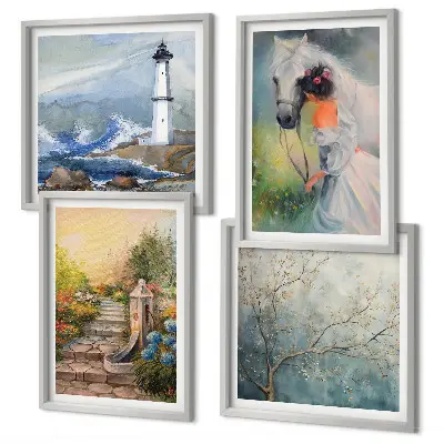 Lighthouse scenery wall art set featuring a girl and a horse