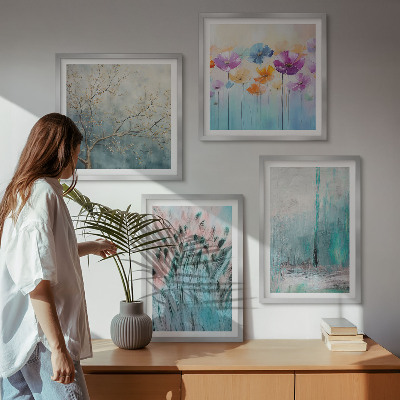 Set of 4 wall art pieces Pastel flowers background patterns