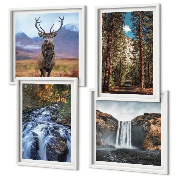 Wall art set featuring a waterfall in a mountain forest with deer