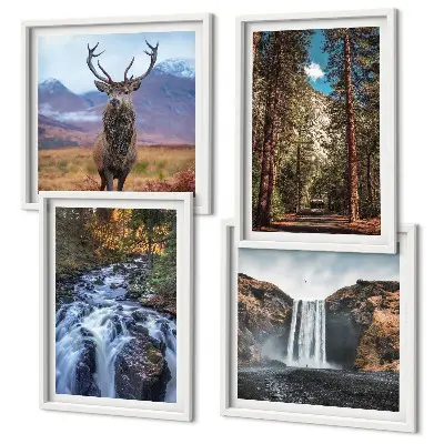 Wall art set featuring a waterfall in a mountain forest with deer