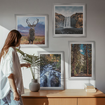 Wall art set Waterfall forest mountains deer nature