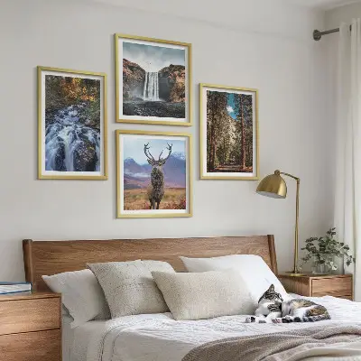 Wall art set featuring a waterfall in a mountain forest with deer