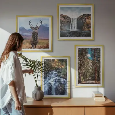 Wall art set featuring a waterfall in a mountain forest with deer