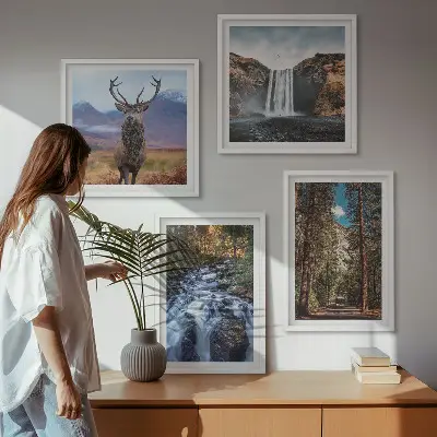 Wall art set featuring a waterfall in a mountain forest with deer
