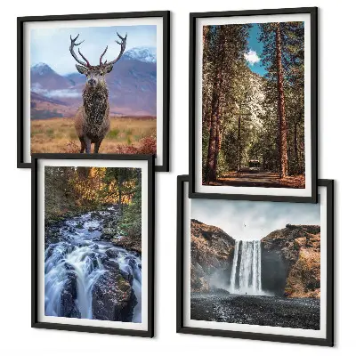 Wall art set featuring a waterfall in a mountain forest with deer